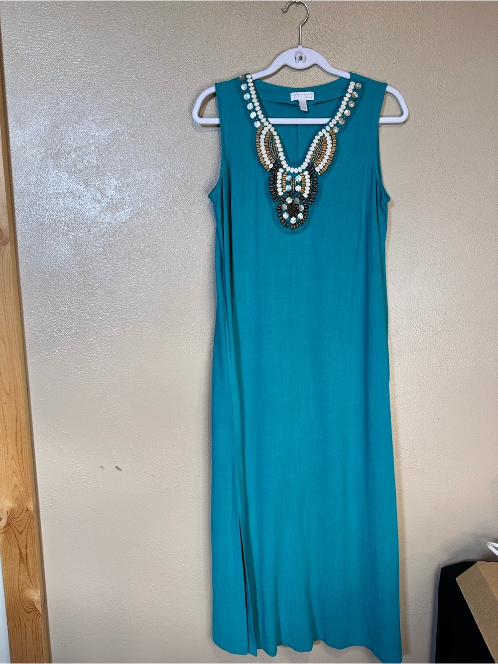 Susan Graver Sleeveless Teal Beach Maxi Dress with Embellished V-Neck - Picture 2 of 6